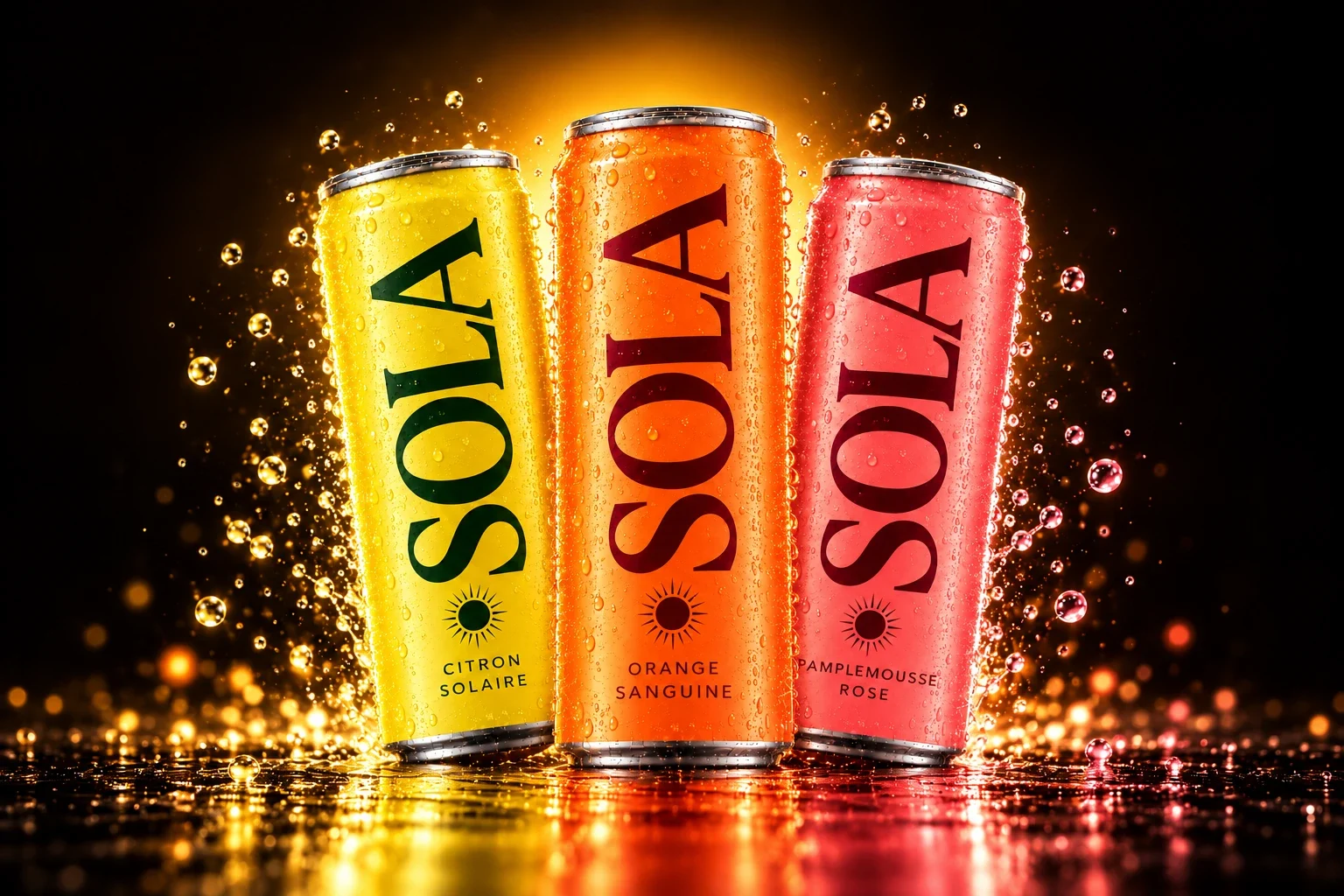 Les trois canettes SOLA : citron, orange sanguine et pamplemousse rose